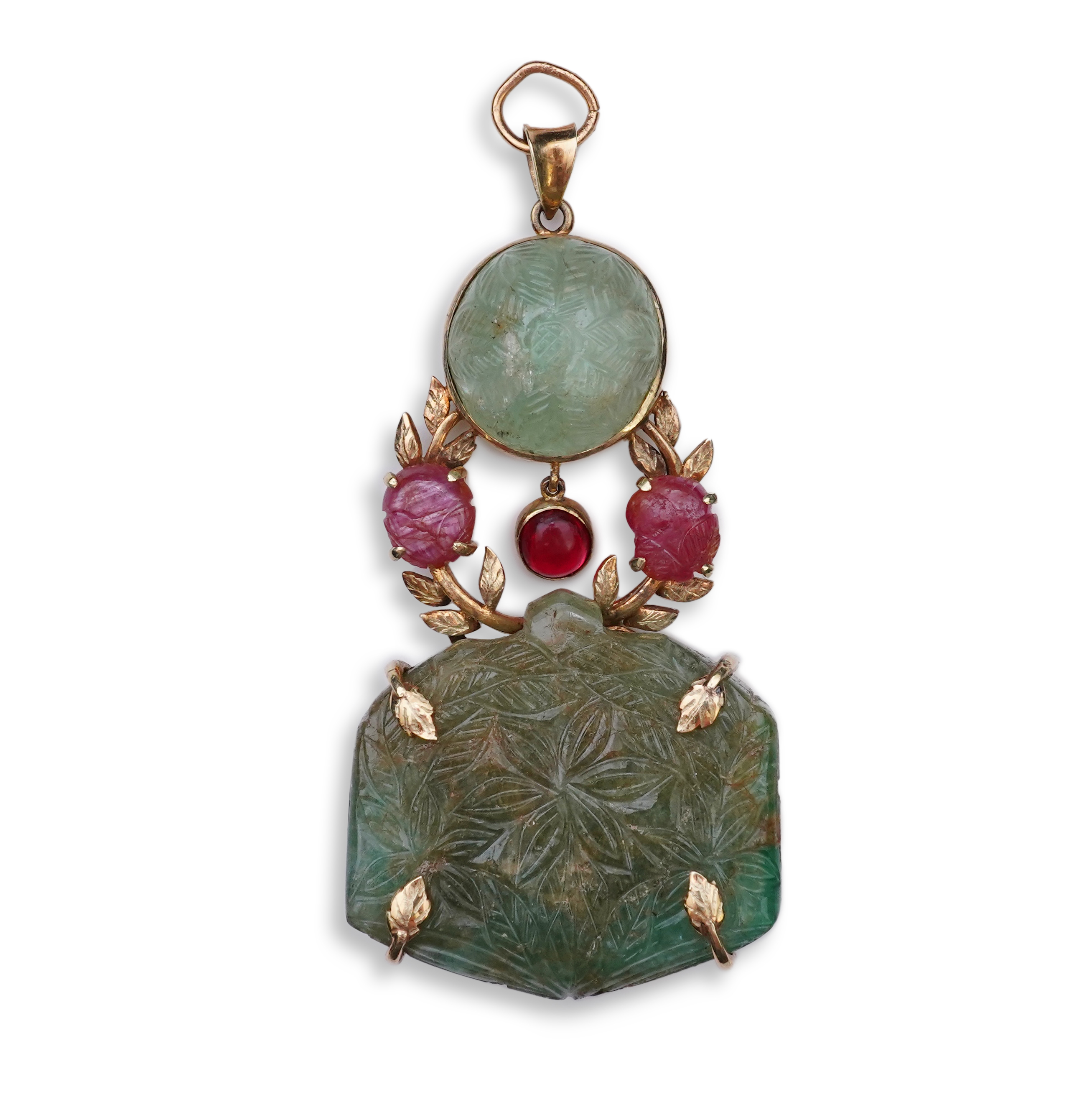 An unusual Mughal-style emerald, ruby and synthetic ruby pendant, second half 20th century